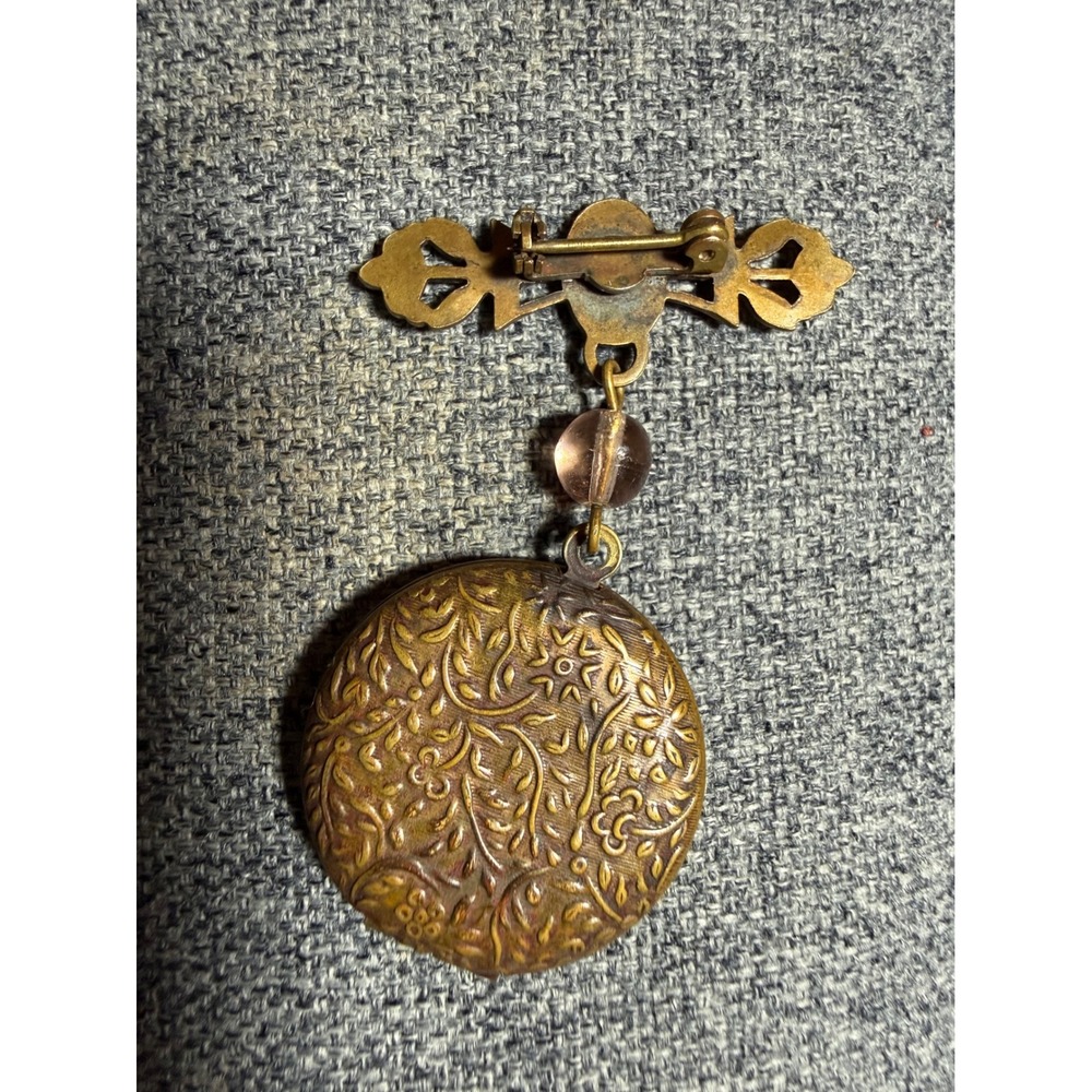 Antique Brass Floral Locket Brooch Dangle Victorian Revival Working 1900s - Picture 10 of 10